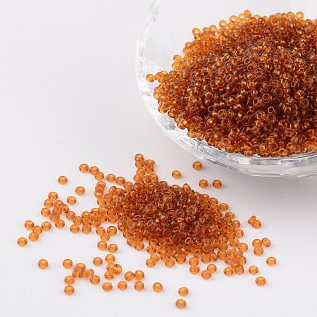 FGB 11/0 Transparent Glass Seed Beads, DIY Loose Spacers, Round, Dark Goldenrod, 2x1.5mm, Hole: 0.8mm, about 3000pcs/50g