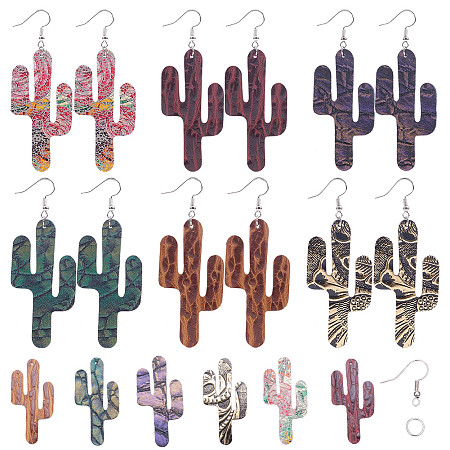 SUNNYCLUE DIY Earring Making, with Environmental Cowhide Big Pendants, Brass Earring Hooks and Iron Jump Rings, Cactus, Mixed Color, 60x30x1.5mm, Hole: 1.5mm