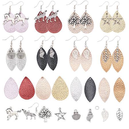 SUNNYCLUE DIY Dangle Earring Making Kits, with PU Leather Pendants, Tibetan Style Alloy Pendants and Brass Earring Hooks, Mixed Shape, Antique Silver & Platinum, 40x18.5x1mm, Hole: 1.5mm