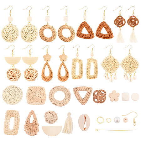 SUNNYCLUE DIY Ocean Style Earring Making Kits, include Wood & Glass Pearl & Cowrie Shell Beads, Reed Cane/Rattan Woven Beads & Links & Pendants, Nylon Tassels,Brass Earring Hooks, Golden