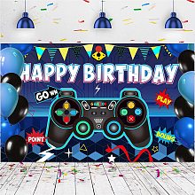 FINGERINSPIRE 71x43 inch Video Game Background Birthday Banner with Hanging Rope Party Supplies Rectangle Polyester Hanging Sign with Gamepad Pattern for Outdoor & Indoor Decor