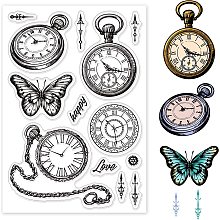 GLOBLELAND Vintage Clock Silicone Clear Stamp Pocket Watch Transparent Silicone Stamp Butterfly Rubber Stamp for Scrapbook Journal Card Making