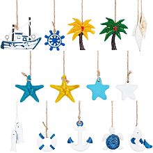 PandaHall Elite 14PCS Summer Hanging Ornaments, 14 Style Beach Tree Decor Starfish Helm Anchor Swimming Ring Tortoise Dolphin Fish Coconut Star Spiral Shell Summer Decor for Party Supplies