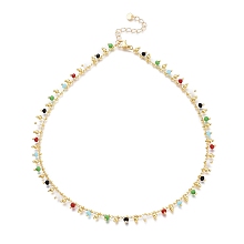 Honeyhandy Brass Handmade Colorful Glass Beaded Necklaces, with 304 Stainless Steel Heart Charms, Lobster Claw Clasps, Golden, 15.94 inch(40.5cm)