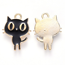 Honeyhandy Alloy Enamel Pendants, Cat Shape, Light Gold, Black, 19x14x2mm, Hole: 1.8mm