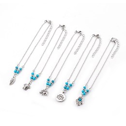 Honeyhandy Synthetic Turquoise Charms Anklets, with Tibetan Style Alloy Pendants, 304 Stainless Steel Findings and Iron Eye Pin, Mixed Shapes, Antique Silver & Platinum, 9-7/8 inch(25.1cm), Pendant: 12~20x7~15x1.5~4mm