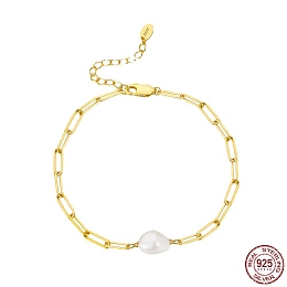 Honeyhandy Natural Freshwater Pearls Bead Link Bracelets, with Adjustable 925 Sterling Silver Paperchip Chain Bracelets for Women, with S925 Stamp, Real 14K Gold Plated, 7-1/8 inch(18cm)