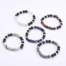 Honeyhandy Natural Lava Rock and Gemstone Stretch Bracelets, with Alloy Beads, Burlap Bags, Round, 2 inch(52mm)