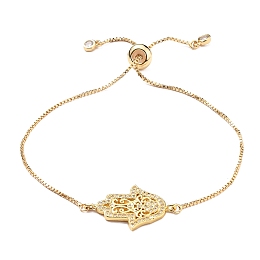 Honeyhandy Adjustable Brass Micro Pave Clear Cubic Zirconia Bolo Bracelets, Slider Bracelets, with Box Chains, Hamsa Hand/Hand of Fatima/Hand of Miriam, Golden, Inner Diameter: 5/8~2-7/8 inch(1.6~7.2cm)