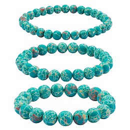 Honeyhandy 3Pcs 3 Size Synthetic Imperial Jasper Round Beaded Stretch Bracelets Set, Gemstone Jewelry for Women, Sea Green, Inner Diameter: 2-1/8 inch(5.5cm), Beads: 6~10mm, 1Pc/size