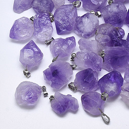 Honeyhandy Natural Amethyst Pendants, with Stainless Steel Snap On Bails, Nuggets, Stainless Steel Color, 15~40x10~20x5~15mm, Hole: 3~4x7~8.5mm