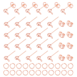 Unicraftale 100Pcs Iron Ball Stud Earring Findings, with Horizontal Loops & 100Pcs 304 Stainless Steel Ear Nuts & 100Pcs Open Jump Rings, Rose Gold, 6.5x4mm, Hole: 1mm, Pin: 0.8mm