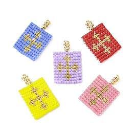 Honeyhandy Handmade MIYUKI Japanese Seed Loom Pattern Seed Beads, Rectangle with Cross Pendants, Mixed Color, 25~25.5x16x2mm, Hole: 2.5mm