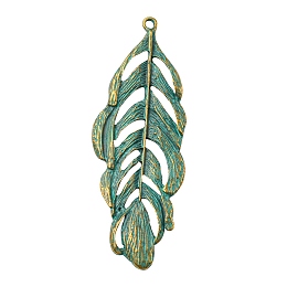 Honeyhandy Tibetan Style Alloy Pendants, Feather, Antique Bronze & Green Patina, 71x25x2mm, Hole: 2mm