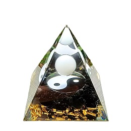 Honeyhandy Yin Yang Eight-Trigram Pattern Orgonite Pyramid Resin Display Decorations, with Natural White Jade, Obsidian Chips Inside, for Home Office Desk, Black, 60x60mm