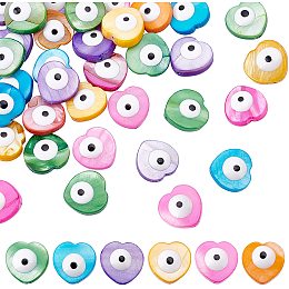 NBEADS 40 Pcs Heart Shaped Evil Eye Beads 0.55×0.55", Natural Freshwater Shell Turkish Evil Eye Beads, Evil Eye Charms for Jewelry Making Necklace Earrings Bracelet, Mixed Colors