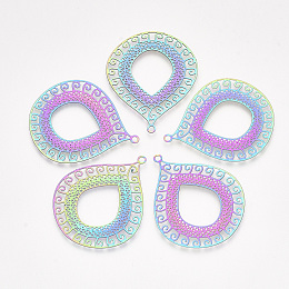 CHGCRAFT Ion Plating(IP) 201 Stainless Steel Filigree Pendants, Etched Metal Embellishments, teardrop, with Floral, Rainbow Color, 40x32.5x0.2mm, Hole: 1.8mm