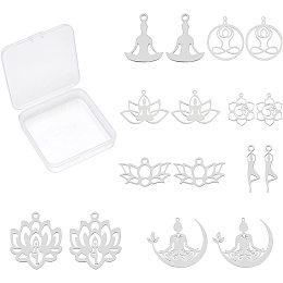 SUNNYCLUE 1 Box 16Pcs 8 Styles Yoga Charms OM Symbol Chakra Energy Lotus Flower Floral Root Stainless Steel Hollow Pendants Bulk for Jewelry Making Charms Bracelets Findings, Silver