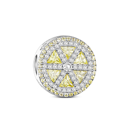 SHEGRACE 925 Sterling Silver European Beads, with Cubic Zirconia, Large Hole Beads, Luxurious Circle, Platinum, Light Goldenrod Yellow, 13.69x13.18x9.05mm, Hole: 4.57mm