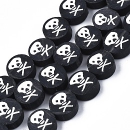 Honeyhandy Handmade Polymer Clay Bead Strands, Halloween Style, Flat Round with Skull, Black, 9x4mm, Hole: 1.2mm, about 40pcs/strand, 14.96 inch(38cm)