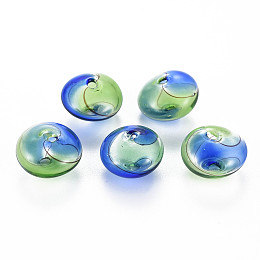 Honeyhandy Transparent Handmade Blown Glass Globe Beads, Stripe Pattern, Flat Round, Light Green, 15~16x10~11mm, Hole: 1mm