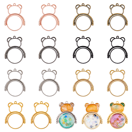 Olycraft Alloy Open Back Bezel Pendants(rotatable), For DIY Epoxy Resin, Pressed Flower Jewelry, Bear, Mixed Color, 34.5x26x3.5mm, Hole: 1.5mm, 7 colors, 2pcs/color, 14pcs/set