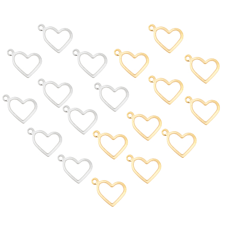 Unicraftale 304 Stainless Steel Charms, Heart, Golden & Stainless Steel Color, 10x13.7~14x0.8~1mm, Hole: 1mm, 100pcs/box