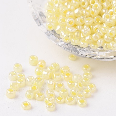 Honeyhandy DIY Craft Beads 6/0 Ceylon Round Glass Seed Beads, Light Goldenrod Yellow, Size: about 4mm in diameter, hole:1.5mm, about 495pcs/50g