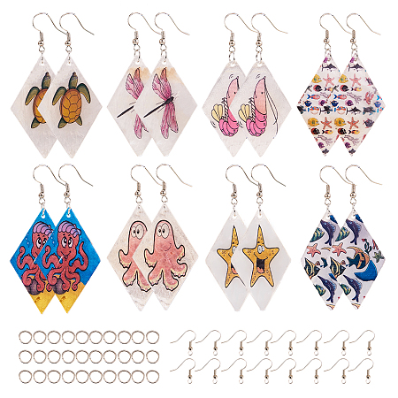 SUNNYCLUE DIY Earring Making, Printed Capiz Shell Pendants, Single-Sided Printed, with Brass Earring Hooks, Mixed Color, 7.4x7.2x1.7cm