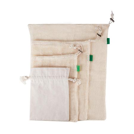 PandaHall Elite 10 Pcs 4 Sizes 2 Styles Reusable Produce Bag, Reusable Cotton Mesh Bags for Storage Grocery Shopping(9 Mesh Vegetable Bags + 1 Organic Cotton Bags), Antique White