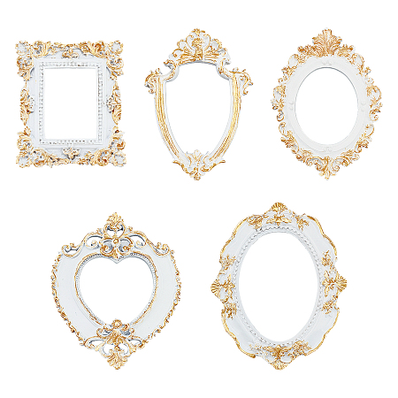 FINGERINSPIRE 5 Style Vintage Resin Frame Mini Resin Jewelry Display Frame, Oval Teardrop Rectangle Heart Shape Picture Frame Light Khaki Retro Embossed Small Antique Picture Frame for Photography
