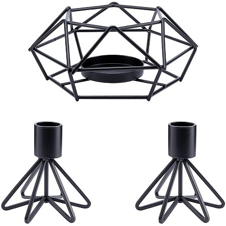 SUPERFINDINGS 3pcs 2 Styles Electrophoresis Black Iron Candle Holder Polygon Column Candlestick Holder Geometric Wire Modern Decorative Centerpiece Candle Candlestick Holders for Table