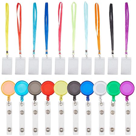 PandaHall 10 Pack ID Badge Holder with Lanyard, 13.2x8cm Plastic Transparent Name Badge Holder with 48.5cm Neck Strap Lanyard and Retractable Badge Reel, 10 Colors