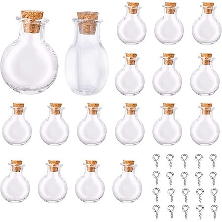 SUNNYCLUE 20Pcs Flat Round Mini Wish Bottles Tiny Glass Bottle Charms with Cork Stoppers Clear Wishing Jar Vial Bottle & 20Pcs Eye Pin Peg Bails for DIY Jewellery Pendants Making Crafts Party Decor