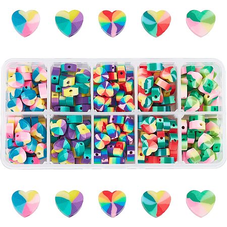 Pandahall Elite 5 Colors Polymer Clay Beads 300pcs Rainbow Heart Clay Beads Polymer Colorful Loose Beads for Y2K Bracelets Necklace Phone Lanyard Keycahin DIY Hair Accessory Jewelry Making, 9x10x4mm