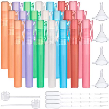 BENECREAT 21PCS 10ml Mini Spray Bottle 7 Colors Pen Perfume Travel Bottle Set with 4PCS Funnels, 6PCS Droppers and 2PCS Pumps for Cosmetic, Perfumes