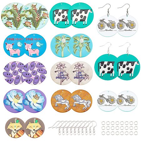NBEADS 10 Pairs Dangle Earring Making Kits, 10 Style Patterns Flat Round Acrylic Slices Pendants Making Kits with Earring Hooks and Jump Rings for DIY Earring Makings