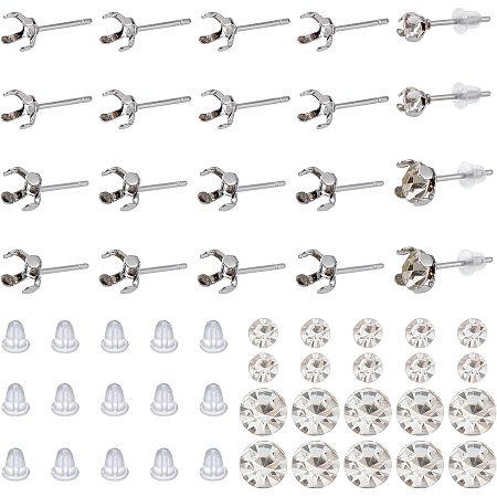 NBEADS 40 Pairs Rhinestone Stud Earring Making Kits, Include 2 Sizes Earrings Claw Blanks Prong Earring Settings, 80pcs Glass Pointed Rhinestones and 100pcs Plastic Ear Nuts for Earring Jewelry Making