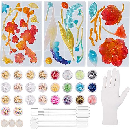 PandaHall Elite 3 Sheets Silicone Molds Resin Flower Leaf Casting Molds 3D Silicone Molds with Nail Art Foils Sequins Accessories Tools for Necklace Chain Pendants Jewelry Crafts DIY