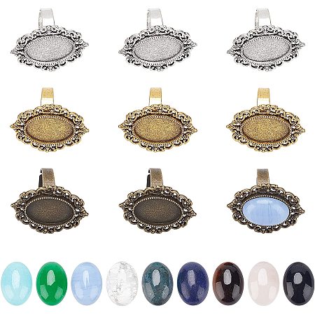 SUNNYCLUE 9Pcs Adjustable Blank Flower Cabochon Ring Bezel Settings Finger Ring Components with 9 Styles 18x13mm Gemstone Cabochons for DIY Ring Making