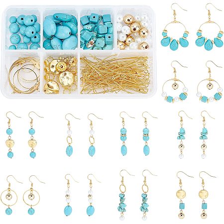 SUNNYCLUE 1 Box DIY 10 Pairs Turquoise Beads Dangle Earring Kits Brass Linking Rings Charms Bar Links Frames Charms Jewelry Connectors with Jump Rings for DIY Making Jewelry Earring, Golden