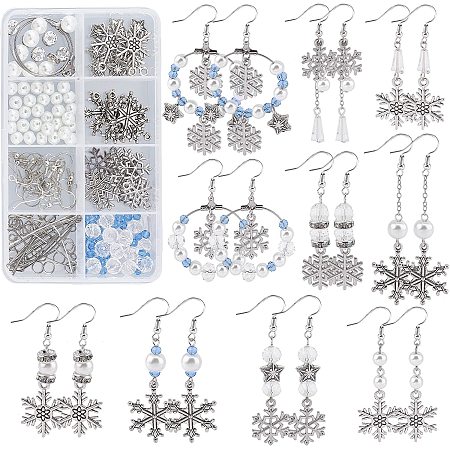 SUNNYCLUE 1 Box DIY 10 Pairs Christmas Charms Snowflake Charms Earring Making Kit Winter Charms for Jewelry Making Alloy Snow Charms Glass Beads Star Bead Adult Women Craft Antique Silver Instruction