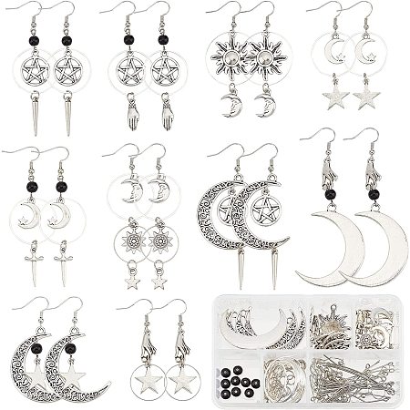 SUNNYCLUE 1 Box 10 Pairs Star Moon Sun Earrings Dangle Making Starter Kit Glass Beads for Jewelry Making Kits Beginners Women Adults Ancient Magic Bohemian Earrings Craft Supplies, Antique Silver