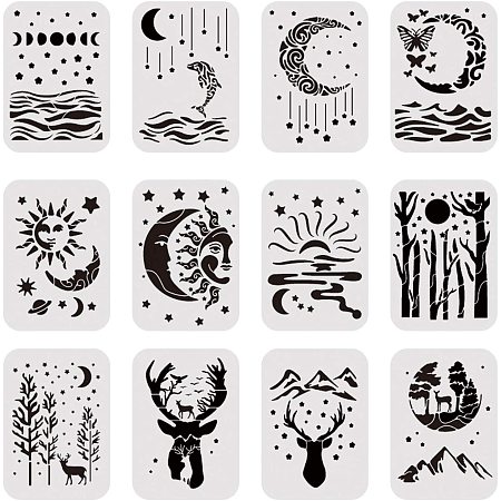 BENECREAT 12PCS 8x12 Inches Moon Star Elk Pattern Template Stencil River Painting Stencil for Art Craft Painting Scrabooking and Decoration