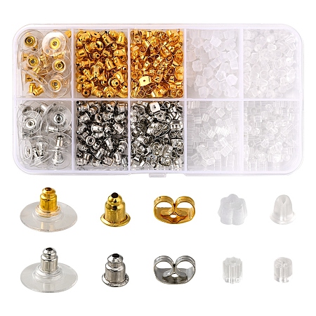 740Pcs 10 Style Brass & Iron & Plastic Ear Nuts, Bullet & Clutch & Friction Ear Nut, Mixed Color, 3~12x3~7mm, Hole: 0.5~1mm
