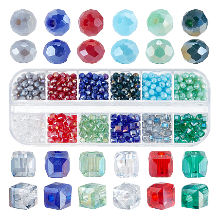 PandaHall Elite 600Pcs 12 Style Electroplate Glass Beads Strands, AB Color Plated, Faceted, Rondelle & Cube, Mixed Color, 4x3mm, Hole: 0.4mm, 4x4x4mm, Hole: 1mm, about 600pcs/box