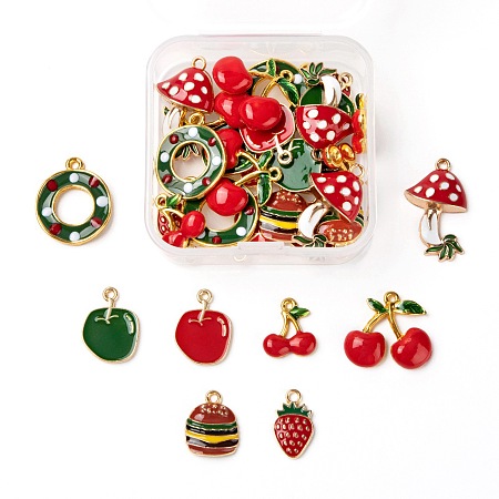 ARRICRAFT 32Pcs 8 Style Alloy Enamel Pendants, Christmas Theme, Mushroom & Strawberry & Hamburger & Apple & Donut & Cherry, Golden, Mixed Color, 4pcs/style