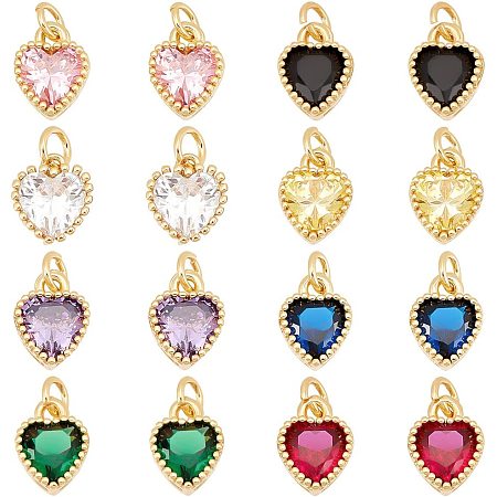 AHANDMAKER 16 Pcs Cubic Zirconia Heart Pendants Charms, 8 Colors Heart Shape Charms Real 18K Gold Plated Brass Pendants Tiny Dangle Charms for Valentine Necklaces Bracelets Earrings DIY Jewelry Making