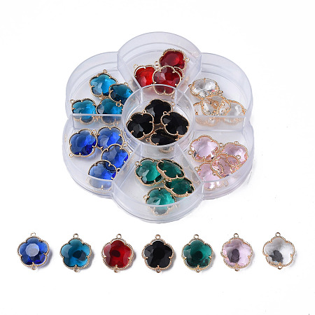 K9 Glass Links Connectors, with Light Gold Plated Brass Findings, Flower, Faceted, Mixed Color, 18.5x16x5mm, Hole: 1.2mm