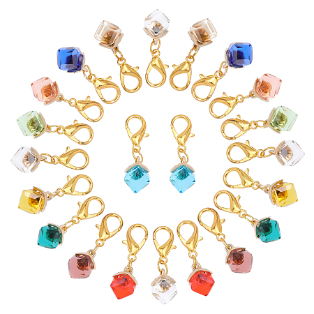CHGCRAFT 22Pcs Cubic Crystal Charms Cube Glass Pendant Decoration Lobster Clasp Charms for Jewelry Making Necklace Earring Accessory